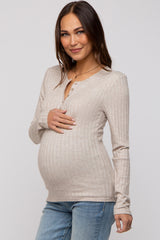 Beige Ribbed Knit Button Long Sleeve Maternity Top