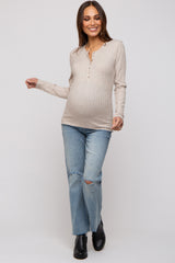 Beige Ribbed Knit Button Long Sleeve Maternity Top