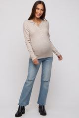 Beige Ribbed Knit Button Long Sleeve Maternity Top