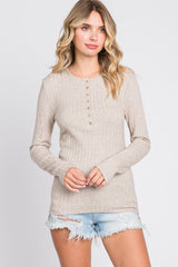 Beige Ribbed Knit Button Long Sleeve Top