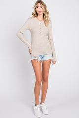 Beige Ribbed Knit Button Long Sleeve Top