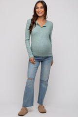 Green Ribbed Knit Button Long Sleeve Maternity Top