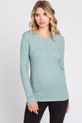 Green Ribbed Knit Button Long Sleeve Top