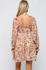 Taupe Floral Chiffon Sweetheart Neck Long Puff Sleeve Maternity Dress