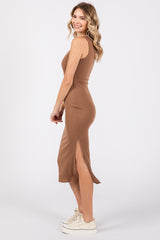 Camel Ribbed Knit Sleeveless Side Slit Dress