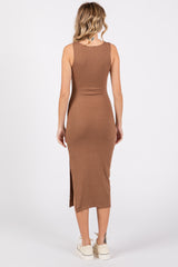 Camel Ribbed Knit Sleeveless Side Slit Dress