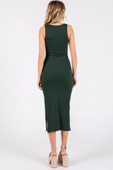 Forest Green Ribbed Knit Sleeveless Side Slit Dress