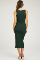 Forest Green Ribbed Knit Sleeveless Side Slit Maternity Dress