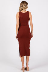 Dark Rust Ribbed Knit Sleeveless Side Slit Dress