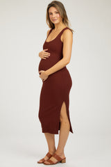 Dark Rust Ribbed Knit Sleeveless Side Slit Maternity Dress