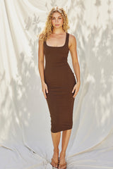 Brown Ribbed Knit Sleeveless Side Slit Maternity Dress