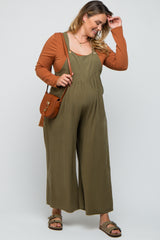 Olive Linen Maternity Plus Overalls