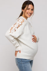 White Crochet Lace Shoulder Maternity Sweater