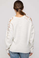 White Crochet Lace Shoulder Maternity Sweater