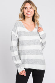 Grey Striped V-Neck Sweater