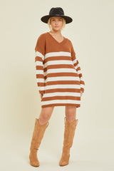 Camel Striped V-Neck Sweater Dress