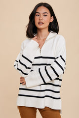 Black Striped Half Zip Maternity Knit Pullover