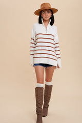 Camel Striped Half Zip Knit Pullover