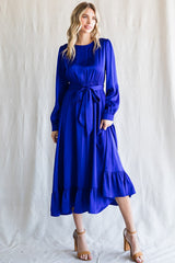 Royal Satin Belted Waist Midi Dress