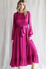 Magenta Satin Belted Waist Midi Dress