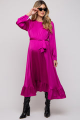 Magenta Satin Belted Waist Maternity Midi Dress