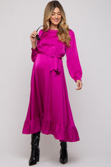 Magenta Satin Belted Waist Maternity Midi Dress