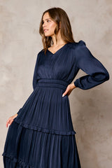 Navy Ruffle Detail Satin Dress