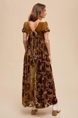 Camel Floral Burnout Velvet Maxi Dress