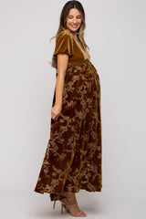 Camel Floral Burnout Velvet Maternity Maxi Dress