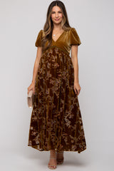 Camel Floral Burnout Velvet Maternity Maxi Dress