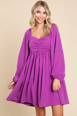 Purple Gathered Waist Long Sleeve Maternity Dress