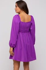 Purple Gathered Waist Long Sleeve Maternity Dress