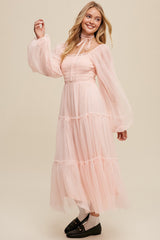 Light Pink Mesh Tiered Long Sleeve Maxi Dress