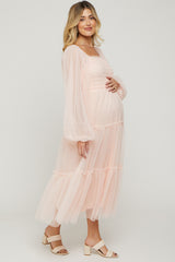 Light Pink Mesh Tiered Long Sleeve Maternity Maxi Dress