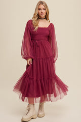 Burgundy Mesh Tiered Long Sleeve Maxi Dress