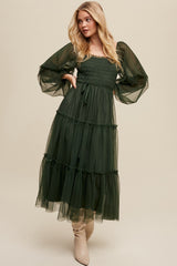 Green Mesh Tiered Long Sleeve Maternity Maxi Dress