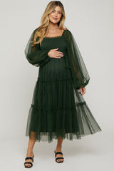 Green Mesh Tiered Long Sleeve Maternity Maxi Dress