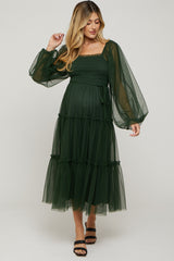 Green Mesh Tiered Long Sleeve Maternity Maxi Dress