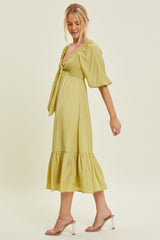 Light Olive Smocked Front Tie Midi Dress