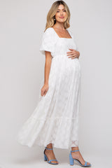 White Floral Chiffon Smocked Square Neck Maternity Maxi Dress