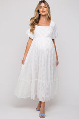 White Floral Chiffon Smocked Square Neck Maternity Maxi Dress