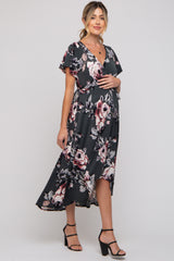 Forest Green Floral High-Low Maternity Wrap Dress