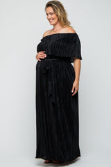 Black Plisse Off Shoulder Maternity Plus Maxi Dress