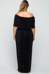 Black Plisse Off Shoulder Maternity Plus Maxi Dress