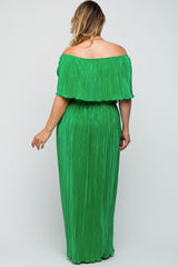 Green Plisse Off Shoulder Maternity Plus Maxi Dress