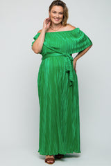 Green Plisse Off Shoulder Maternity Plus Maxi Dress