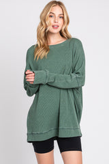 Green Waffle Knit Long Sleeve Top