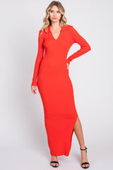 Red Orange Rib Knit Collared Maxi Dress