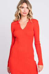 Red Orange Rib Knit Collared Maxi Dress