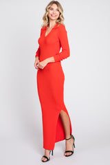 Red Orange Rib Knit Collared Maxi Dress